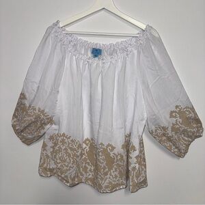 CeCe Off Shoulder Blouse White Brown Print‎ XL